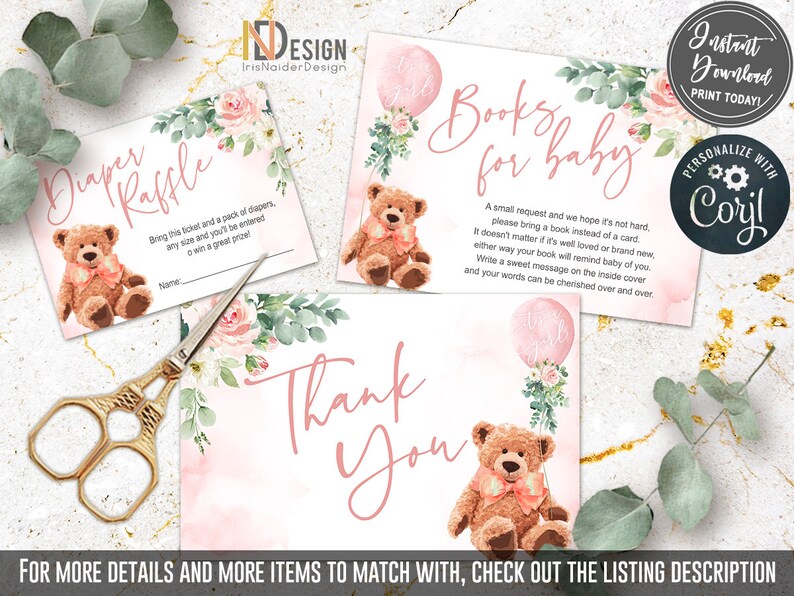 EDITABLE Teddy bear baby shower invitation girl, oh boy baby shower invitation, set, Welcome, greenery, foliage, floral, printable, DIGITAL image 3