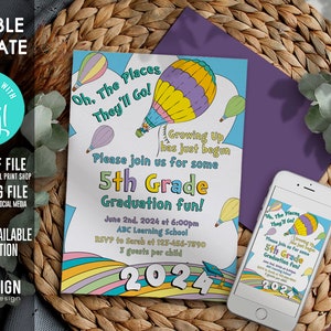 Editable Graduation invitation, 2024, DIGITAL, Pre-k, kindergarten, Preschool, rainbow, pastel colors, neutral, PRINTABLE, Corjl 5TH GRADE 2024 INVT.