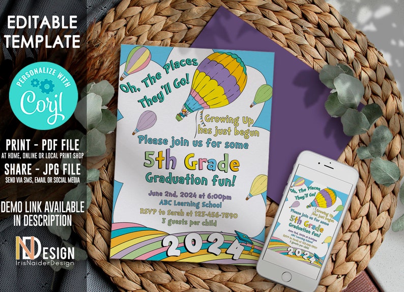 Editable Graduation invitation, 2024, DIGITAL, Pre-k, kindergarten, Preschool, rainbow, pastel colors, neutral, PRINTABLE, Corjl 5TH GRADE 2024 INVT.