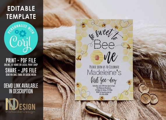 EDITABLE First Bee-day Bee Invitation, honey, sweet to bee one, honeycomb, 1st bee day, printable set, DIGITAL, template, Instant Download