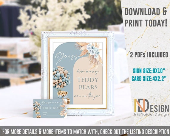 Guess how many Teddy bears, Boho Teddy Bear baby shower, game, jar of graham bears count, sign, card, printable, NON-EDITABLE, INSTANT Il_570xn