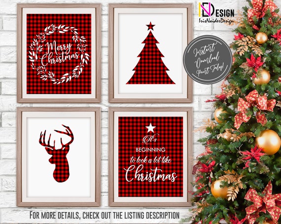 4 Christmas Wall Decor, Buffalo plaid wall decor, Christmas sign, holidays decor, Christmas decor, 8x10, digital files, templates, printable Il_570xn