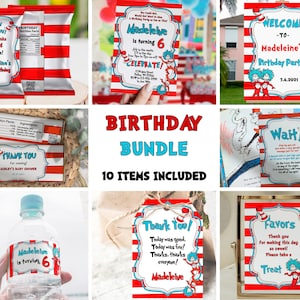 Blue Red Birthday Bundle, Invitation, Sign, cartoon, The Cat, Thing, twins, template, digital files, Neutral, printable, DIGITAL, Instant