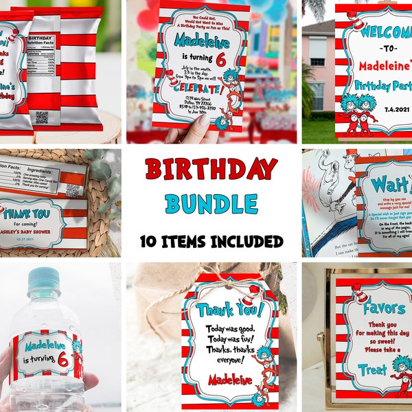 Blue Red Birthday Bundle, Invitation, Sign, cartoon, The Cat, Thing, twins, template, digital files, Neutral, printable, DIGITAL, Instant