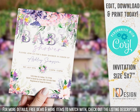 EDITABLE Floral Lavender Baby Shower Invitation girl, garden, wild flowers, watercolor, printable, DIGITAL, template, INSTANT Download Il_570xn