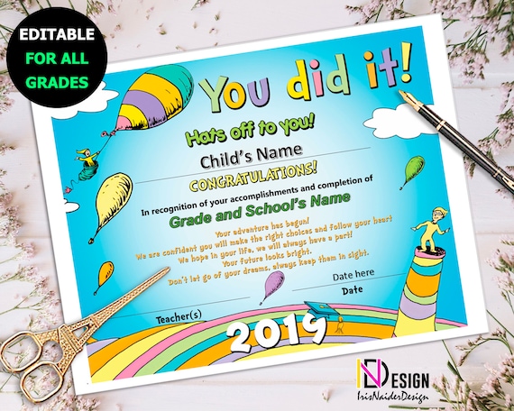 Diploma, Oh the places you'll go inspired Certificate, kindergarten, pre-k, 1st grade, Graduation, 2nd grade, 3rd grade, 4th grade,5th grade Il_570xn