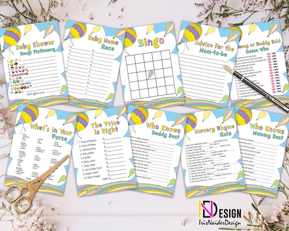 Baby shower game set, 10 games, digital files, templates, not editable, instant download, pastel colors, rainbow, hot air balloon, games Il_570xn