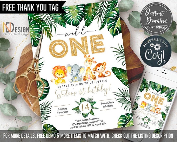 EDITABLE Wild One Invitation FREE Thank You tag, All Ages, Birthday Set, Jungle, Safari, 1st birthday, Corjl, printable, Instant Download Il_570xn