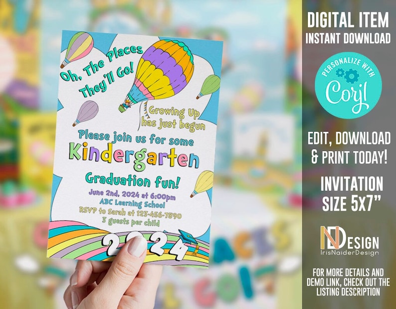 Editable Graduation invitation, 2024 kindergarten, DIGITAL, Pre-k, Preschool, rainbow, pastel colors, neutral, PRINTABLE, Corjl image 1