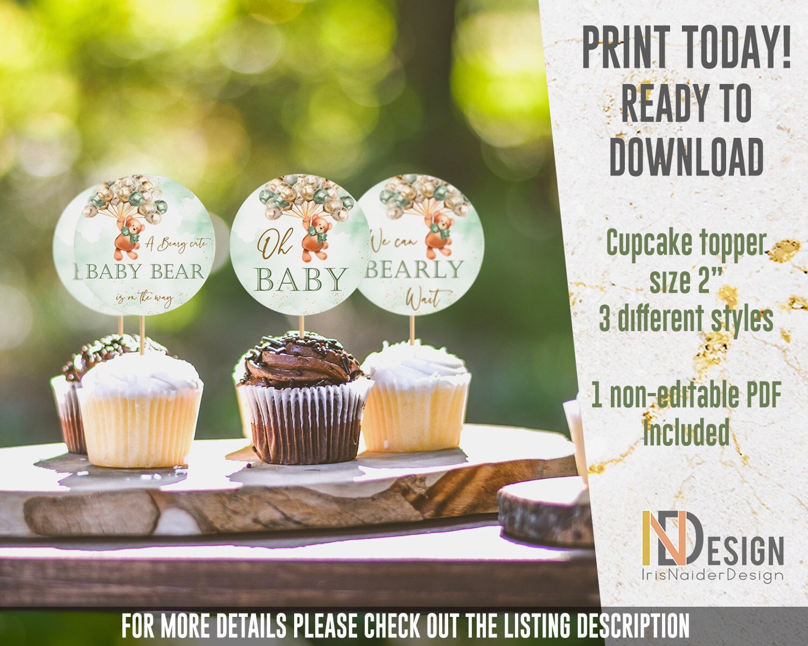 Teddy Bear Cupcake Toppers Baby Shower Green Neutral Etsy