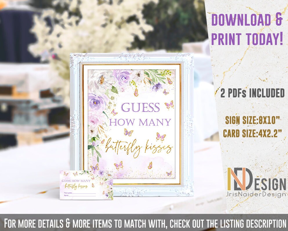 Guess how many butterfly kisses game, Butterfly baby shower, lavender, purple, sign and card, printable, NON- EDITABLE, INSTANT Download
