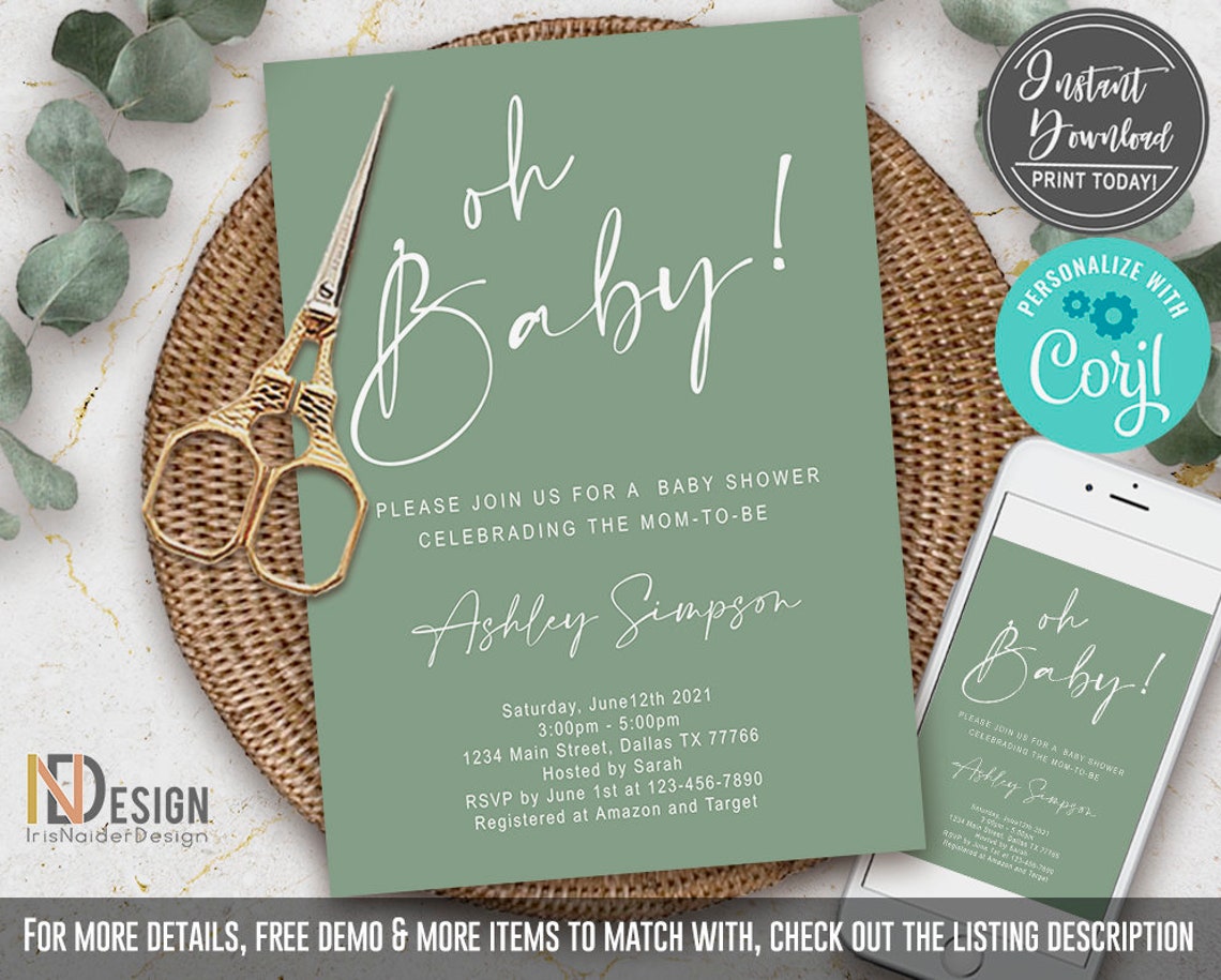 EDITABLE Sage Green Baby Shower Invitation modern neutral Etsy