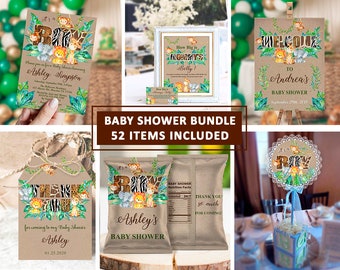 Safari Baby Shower Bundle Boy, Jungle baby shower invitation, Games, Table signs, labels, monkey, giraffe, lion, Digital, Template, INSTANT