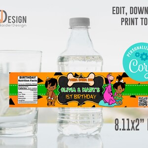 Editable water bottle label, Pebble Bam Bam, Birthday, Baby Shower, African American, Twins, Corjl, printable, template, INSTANT, Digital
