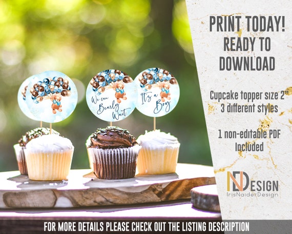 Teddy Bear Cupcake Toppers, baby shower, boy, bearly wait, balloons, baby shower decoration, printable, NON-EDITABLE, Digital File Il_570xn