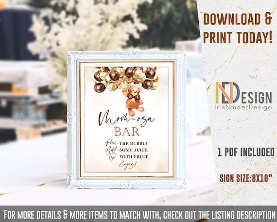 Momosa bar sign, Teddy Bear baby shower, mimosa bar, brown gold, 8x10, printable, digital, neutral, NON- EDITABLE, INSTANT Download Il_570xn