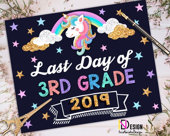 Unicorn Last Day of 3rd grade sign girl, last day of school sign,last day of school chalkboard, last day third grade, digital file,template Il_570xn