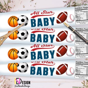Étiquette de bouteille d'eau de baby shower All Star, décoration de baby shower de sport, garçon, imprimable, emballage, enveloppements, modèle, NON MODIFIABLE