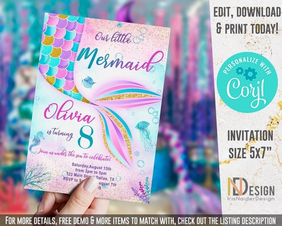 Editable Mermaid Invitation, Mermaid Birthday, Under the Sea, Girl, Digital File, Watercolor, Printable, Instant Download, Corjl, Aqua Il_570xn