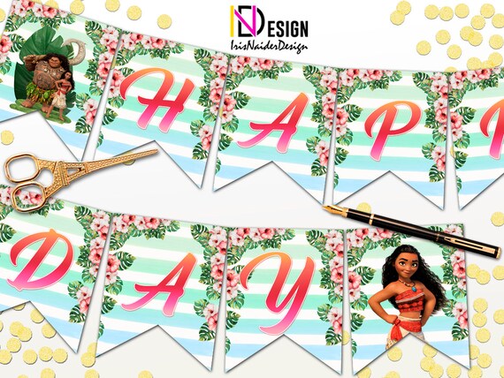 Moana Happy Birthday Banner, Moana banner, Moana birthday banner, Moana bunting, Moanna flags, Moana birthday flags, Moana party printable Il_570xn