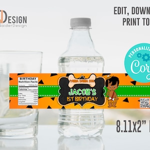 Editable Flintstones water bottle label, Bam Bam, African, Birthday, Baby Shower, Corjl, printable, template, DIY, INSTANT, Digital