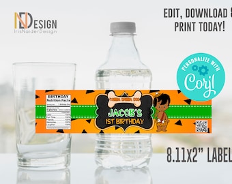 Etiqueta editable para botella de agua de Los Picapiedra, Bam Bam, africana, cumpleaños, baby shower, Corjl, imprimible, plantilla, bricolaje, INSTANTÁNEA, digital