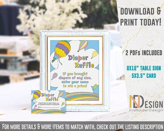Diaper raffle, card, baby shower, sign, hot air balloon, not editable, digital files, pastel colors