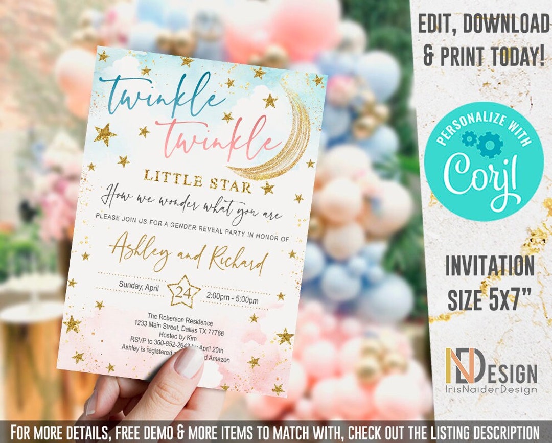 EDITABLE Twinkle Little Star Gender Reveal Invitation Set, Twinkle ...