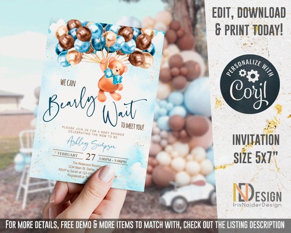 EDITABLE Teddy bear baby shower invitation, boy, Welcome sign