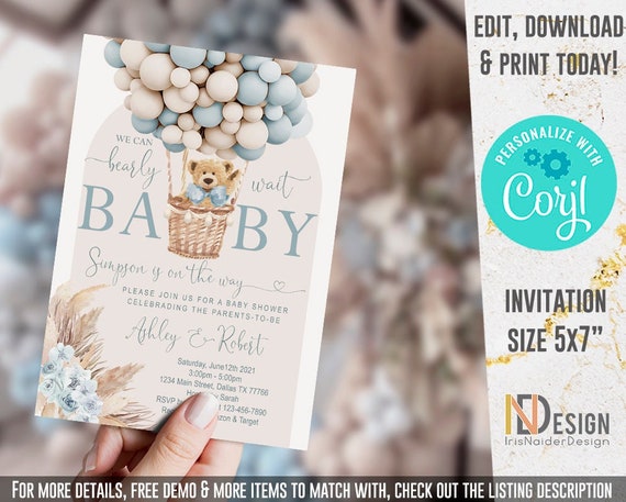 EDITABLE Teddy bear baby shower invitation, Welcome sign, dusty blue, beige, boho, pampas grass, bear with balloons, digital, printable Il_570xn
