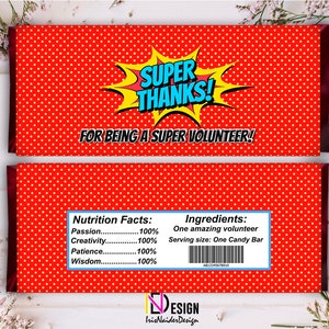 Candy Bar Wrapper, volunteer Thank you, Volunteer Appreciation Chocolate Bar Wrappers, 1.55 oz, Candy wrapper superhero, Super Hero, Digital