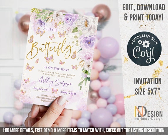 EDITABLE Butterfly Baby Shower Invitation girl, lavender floral, little butterfly, watercolor, printable, digital, template,INSTANT Download Il_570xn