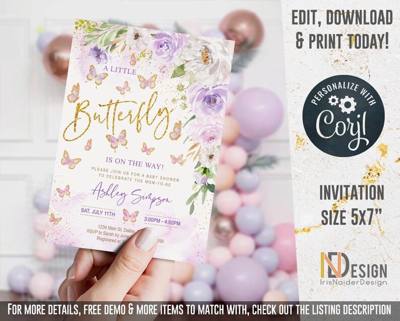 EDITABLE Butterfly Baby Shower Invitation girl, lavender floral, little butterfly, watercolor, printable, digital, template,INSTANT Download 