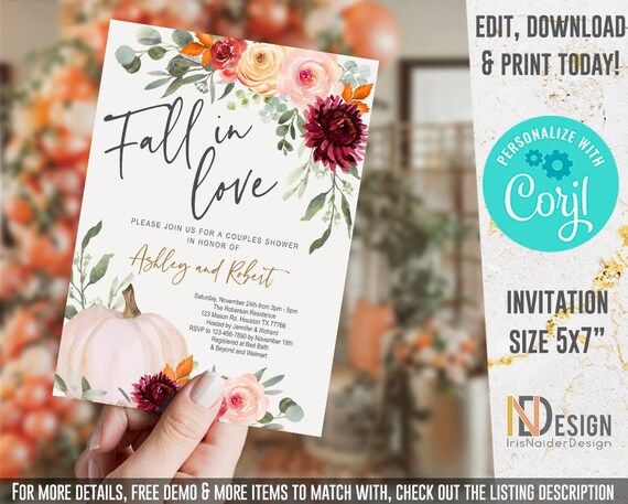 SELF EDITABLE Fall in Love Bridal Shower Invitation, Couples Shower, floral, Engagement, Autumn, pumpkin, wedding, digital, INSTANT Download Il_570xn