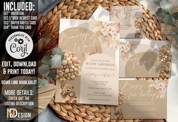 EDITABLE Teddy bear baby shower invitation, tan, neutral set, Welcome sign, boho, pampas grass, bear with balloons, digital,printable, PTBT Il_570xn