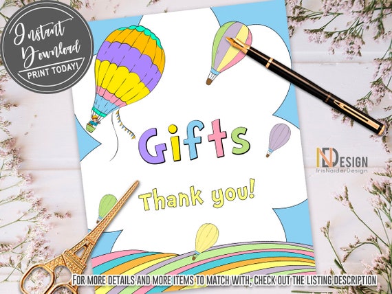 Gift Sign, graduation, birthday, baby shower, end of school, end of the year, pastel, rainbow, hot air balloon, instant download, Digital Il_570xn