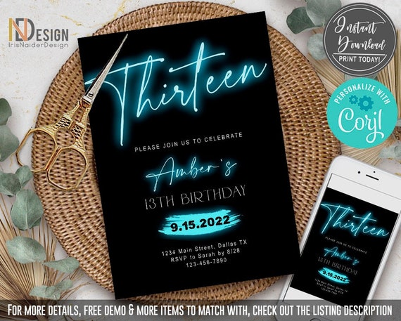 EDITABLE Neon Light Birthday Invitation, glow party invitation, ANY AGE, Teen, Hot blue, aqua, girl, digital, printable, Instant Download Il_570xn