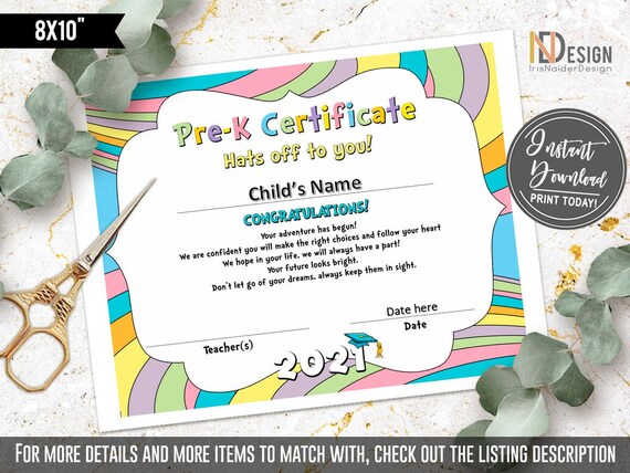 Pre K Diploma Certificate Rainbow Pastel Colors Pre K Certificate Pre K Digital File Graduation Instant Download By Irisnaiderdesign Catch My Party