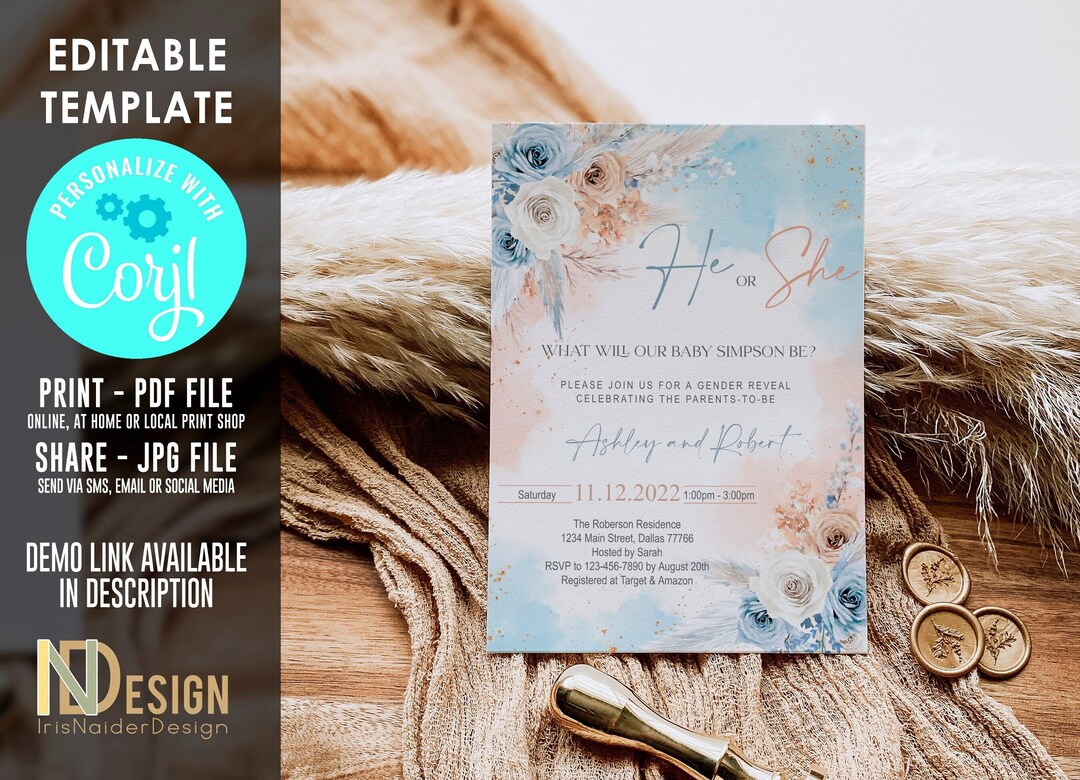 Editable Boho Gender Reveal Invitation, Pampas Grass, He or She Gender ...
