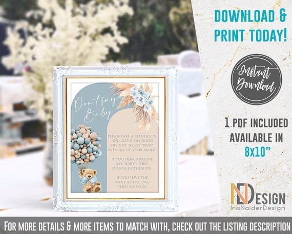 Don't say baby game sign, Teddy Bear baby shower, dusty blue, tan, pampas grass, 8x10", printable, digital, NON- EDITABLE, INSTANT Download Il_570xn