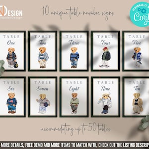 Polo Bär Tischnummer Zeichen, Babyparty, Baby Streufarbe, Geburtstag, klassisches Karo, Polo, Reiter, Grün, Winter, Digital, Bearbeitbar, PBGP