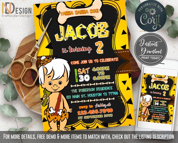 EDITABLE Bam Bam Invitation FREE tag, Bam Bam Birthday invitation, Flintstones, Flintstones Birthday, boy, Welcome sign, favor tag, Corjl Il_570xn