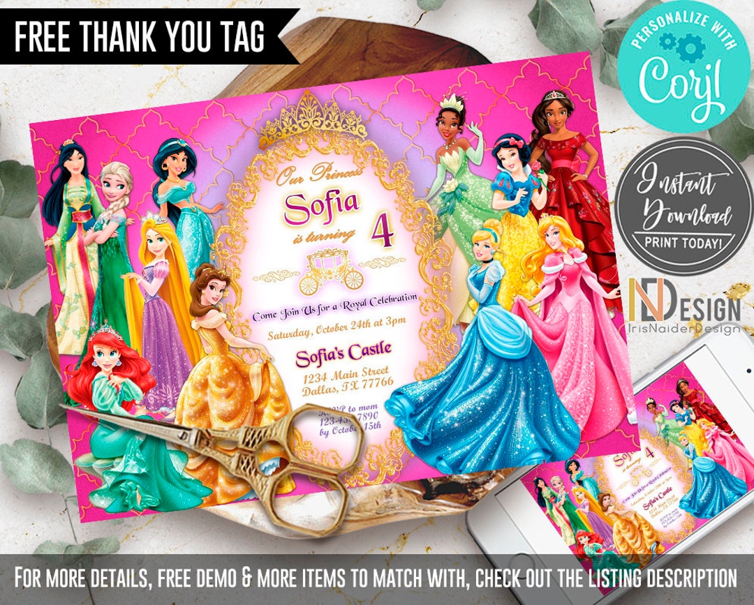 editable-disney-princess-invitation-free-thank-you-tag-birthday-invitation-princesses-disney-princess-invites-digital-files-corjl-etsy
