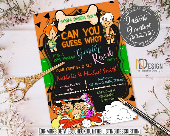 Flintstones Gender Reveal invitation, Drive Through, Pebbles, Bam Bam, Quarantine, Drive by, Editable PDF, Instant Download,digital,template Il_570xn
