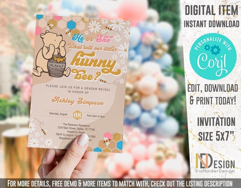 Classic Winnie the Pooh gender reveal invitation, He or She, What will our little hunny bee, digital, printable, Instant Download, Editable