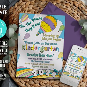 Editable Graduation invitation, 2024, DIGITAL, Pre-k, kindergarten, Preschool, rainbow, pastel colors, neutral, PRINTABLE, Corjl KINDER 2024 INVITE