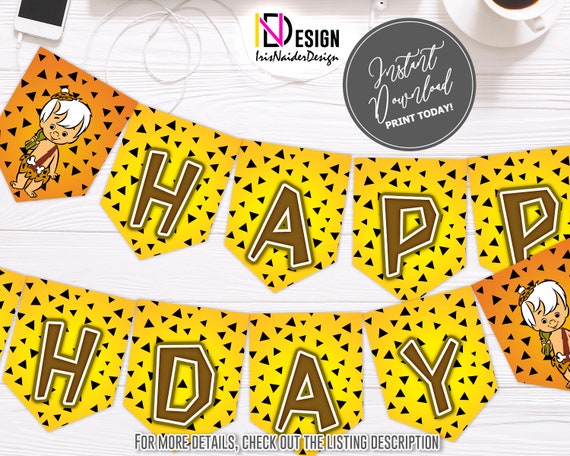 Flintstones Happy Birthday Banner, Bam Bam banner, Bam Bam happy birthday banner, printable, digital files, not editable, instant download Il_570xn
