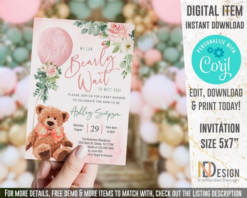 EDITABLE Teddy bear baby shower invitation girl, oh boy baby shower invitation, set, Welcome, greenery, foliage, floral, printable, DIGITAL image 1
