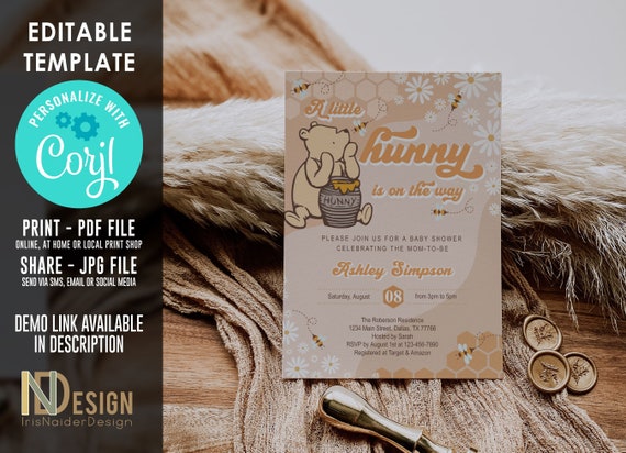 EDITABLE Classic Winnie the Pooh baby shower invitation, A Little Hunny Is On The Way, neutral, digital, printable, Instant Download Il_570xn