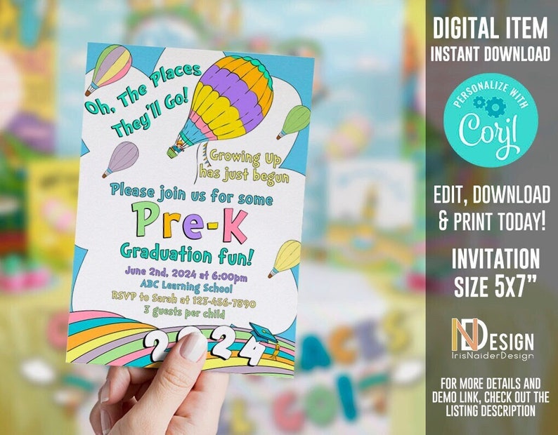 Editable Graduation invitation, 2024, DIGITAL, Pre-k, kindergarten, Preschool, rainbow, pastel colors, neutral, PRINTABLE, Corjl image 1